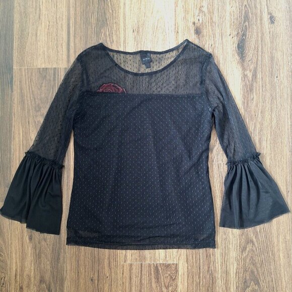 💙 Disney Coco Wide Sleeve Mesh Lined Stretchy Shirt Rose Embroidery Y2K Size S - Picture 7 of 8